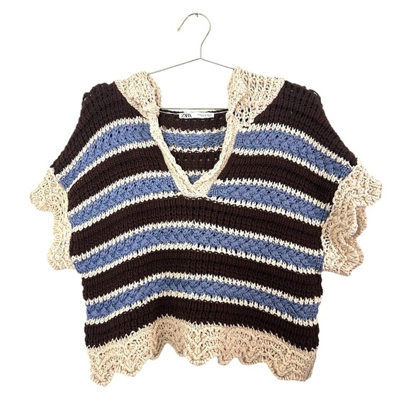 ZARA Striped Crochet Hooded Sweater Size M - Picture 3 of 8